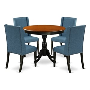 East West Furniture Dining Table and 4 Blue Linen Fabric Chairs in Black