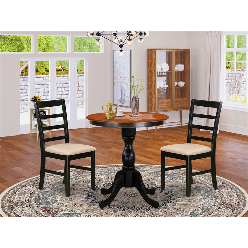 ESPF3-BCH-C- Wood Table and 2 Ladder Back Linen Fabric Chairs - Black Finish