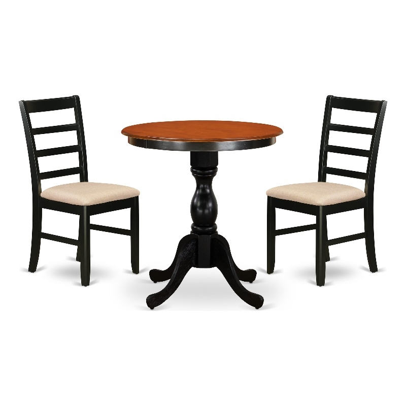 ESPF3-BCH-C- Wood Table and 2 Ladder Back Linen Fabric Chairs - Black Finish