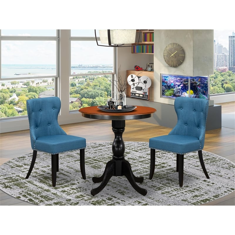 ESSI3-BCH-21 - Wooden Table and 2 Linen Fabric Dining Chairs - Black Finish