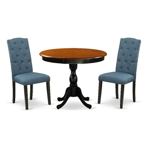 AMCE3-BCH-21 - Dinner Table and 2 Blue Linen Fabric Chairs - Black Finish