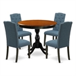 East West Furniture Dining Table and 4 Blue Linen Fabric Chairs in Black
