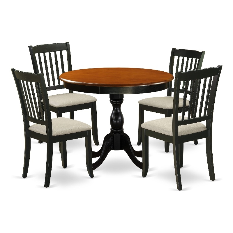 AMDA5 BCH C Wooden Table and 4 Linen Fabric Dining Room Chairs