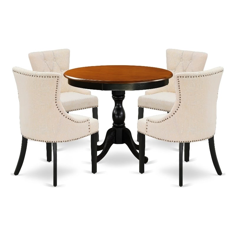 AMFR5-BCH-02 - Table and 4 Light Beige Linen Fabric Chairs - Black Finish