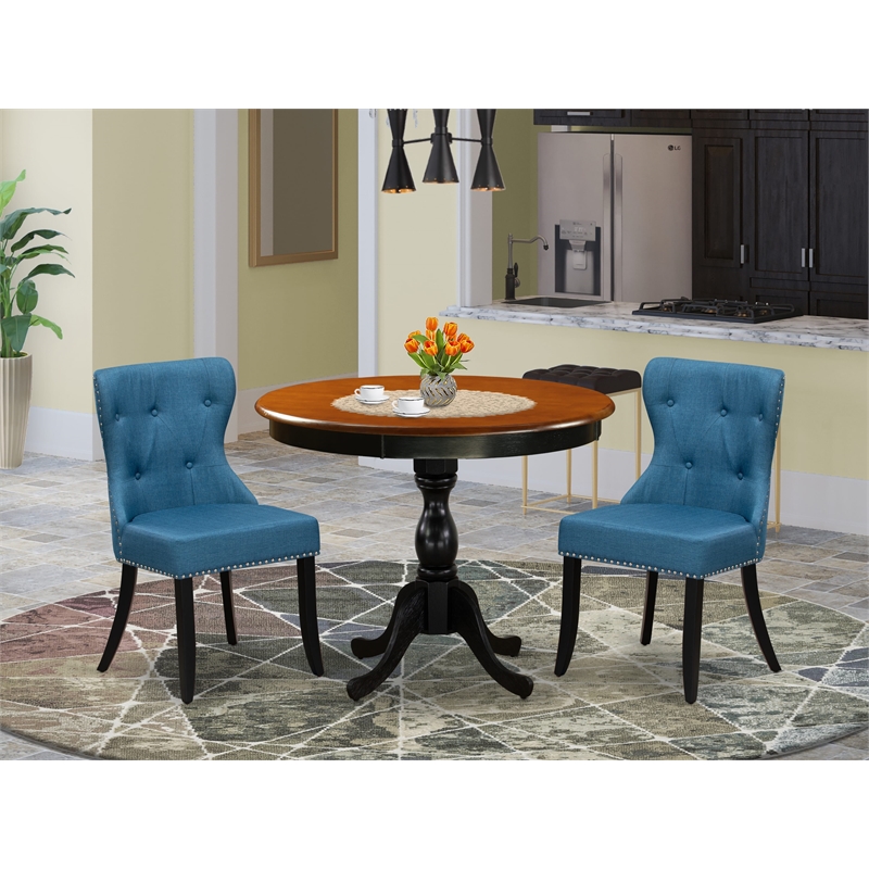 AMSI3-BCH-21 Dining Table and 2 Blue Linen Fabric Parson Chairs - Black Finish