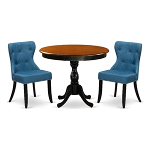 AMSI3-BCH-21 Dining Table and 2 Blue Linen Fabric Parson Chairs - Black Finish