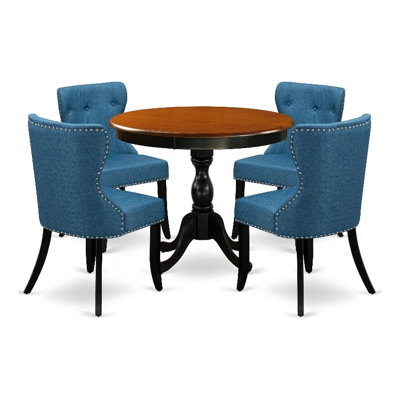 AMSI5-BCH-21 - Dining Table and 4 Blue Linen Fabric Chairs - Black Finish