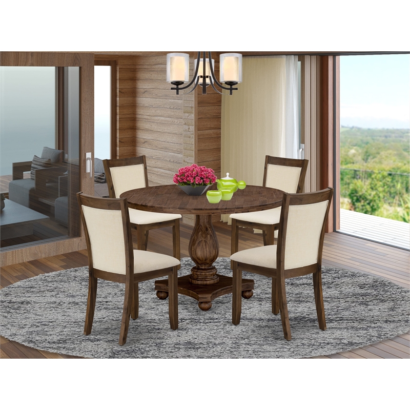 I2MZ5-NN-32 - Table and 4 Light Beige Linen Fabric Chairs - Antique Walnut Base
