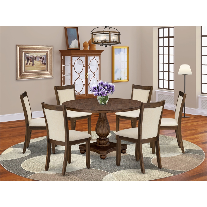 East West Furniture 7PC Dining Set in Light Beige Linen Fabric/Antique Walnut