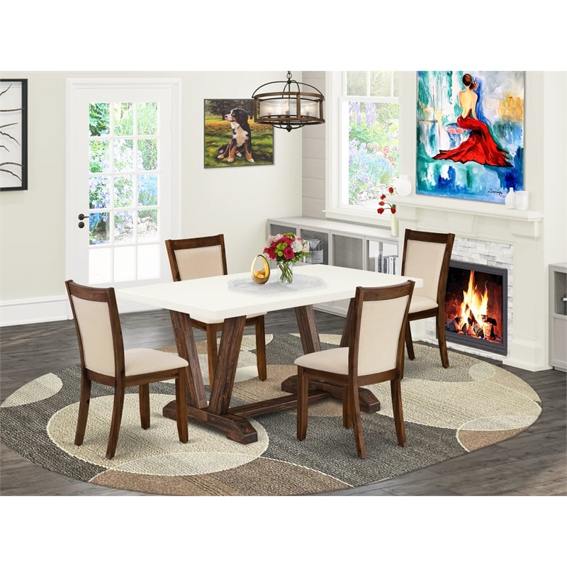 East West Furniture Dining Table and 4 Light Beige Chairs in Distressed Jacobean