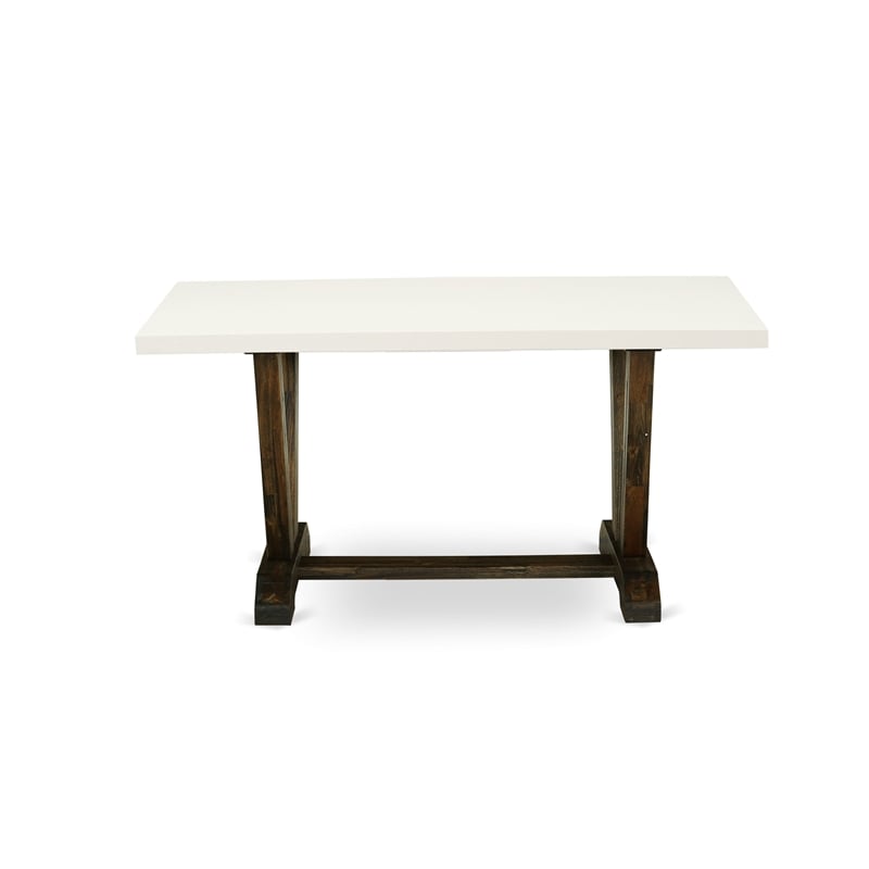East West Furniture Dining Table and 4 Light Beige Chairs in Distressed Jacobean
