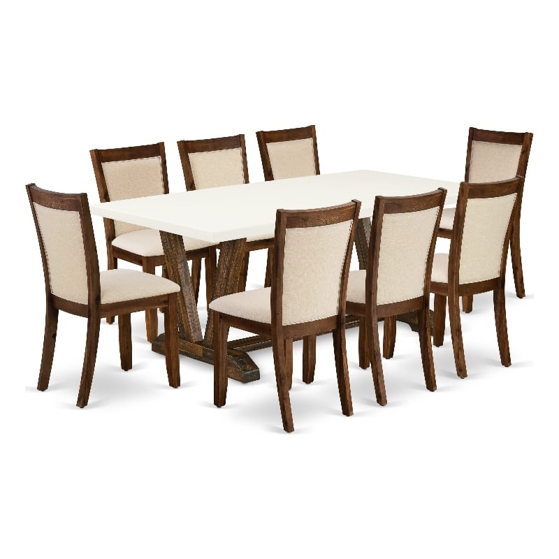 V727MZN32-9 - Dining Table and 8 Light Beige Chairs Distressed Jacobean Finish