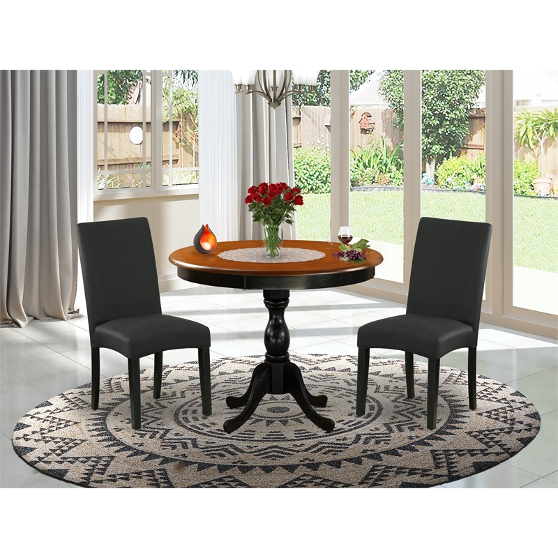 AMDR3-BCH-24 Round Dining Table and 2 Black Linen Fabric Chairs - Black Finish