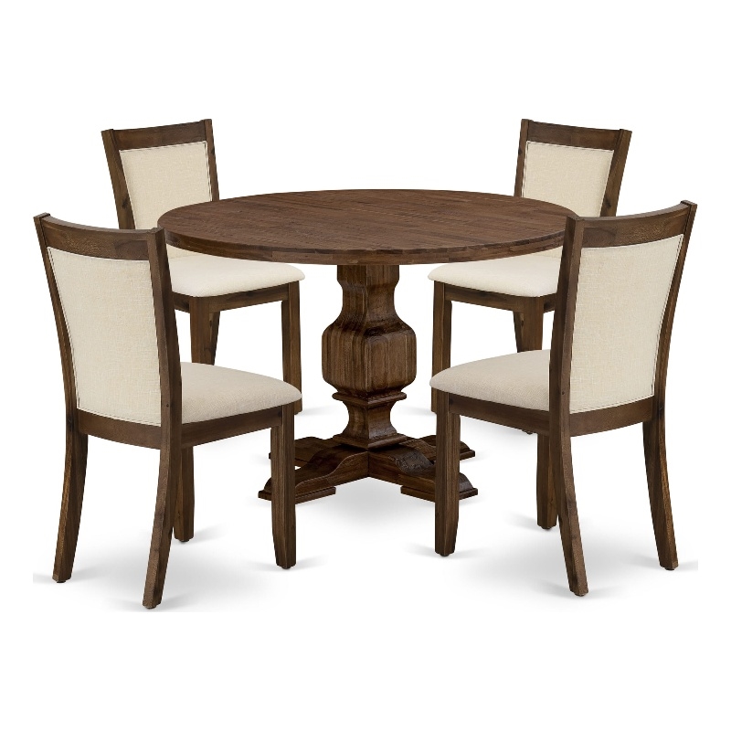 I3MZ5-NN-32 - Table and 4 Light Beige Linen Fabric Chairs - Antique Walnut Base