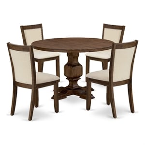 I3MZ5-NN-32 - Table and 4 Light Beige Linen Fabric Chairs - Antique Walnut Base