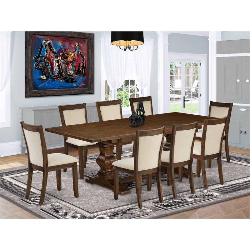 LAMZ9-N8-32 - Dinner Table and 8 Linen Fabric Chairs - Antique Walnut Finish