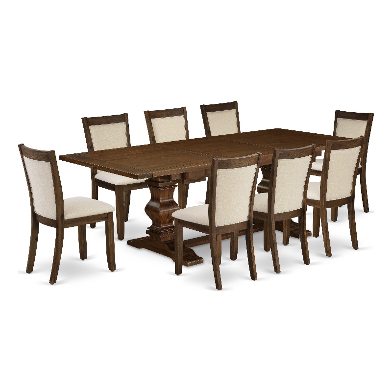 LAMZ9-N8-32 - Dinner Table and 8 Linen Fabric Chairs - Antique Walnut Finish