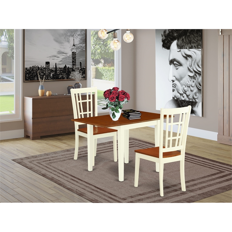 NDNI3-WHI-W - Kitchen Table and 3 Wooden Chairs (Butter milk & Cherry Finish)