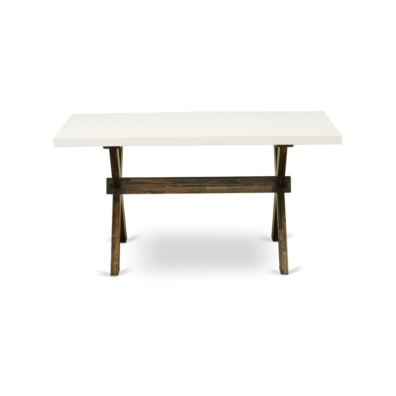 East West Furniture Dining Table and 4 Light Beige Chairs in Distressed Jacobean
