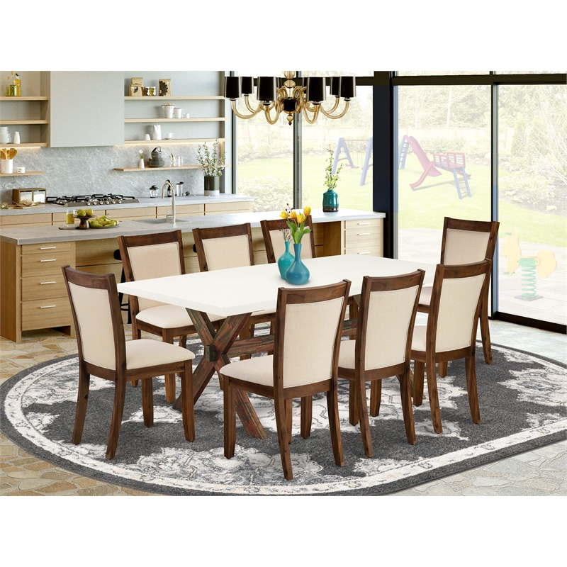 X727MZN32-9 Dining Table and 8 Light Beige Chairs - Distressed Jacobean Finish