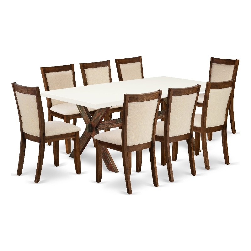 X727MZN32-9 Dining Table and 8 Light Beige Chairs - Distressed Jacobean Finish