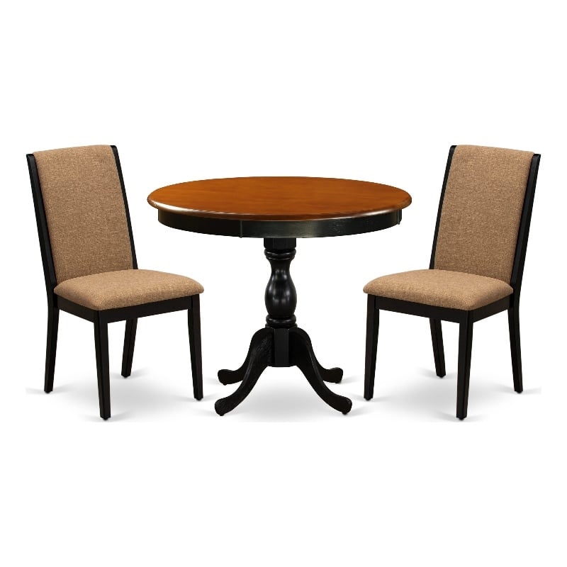 AMLA3-BCH-47 Dining Table and 2 Light Sable Linen Fabric Chairs - Black Finish