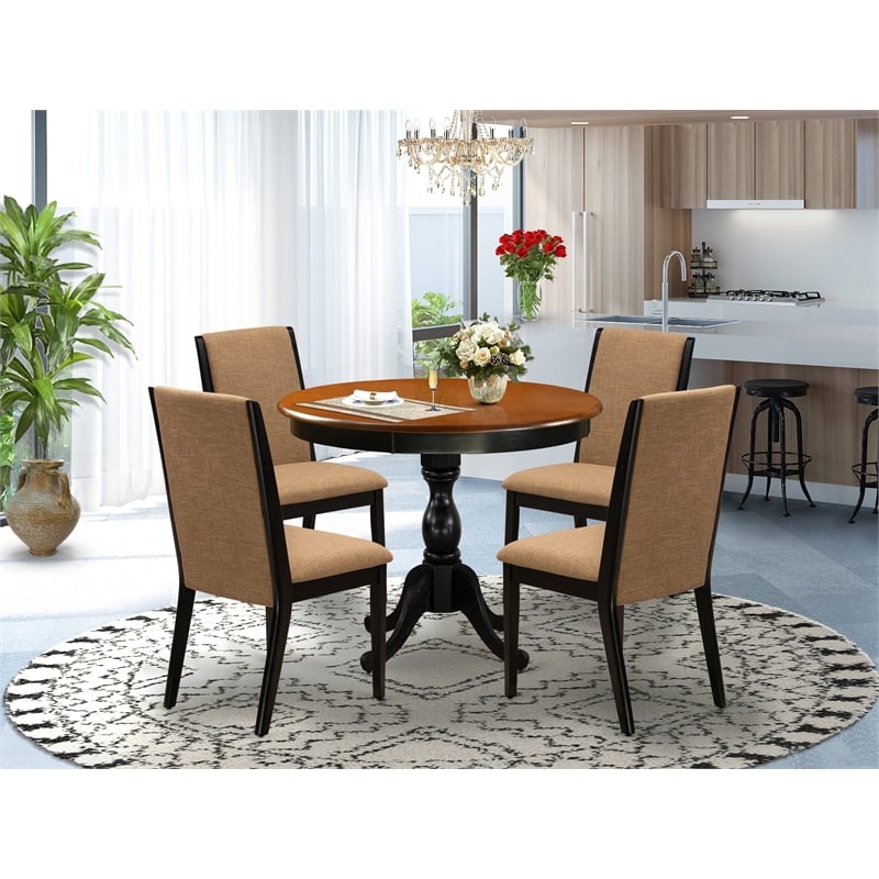 East West Furniture Table and 4 Light Sable Linen Fabric Chairs in Black