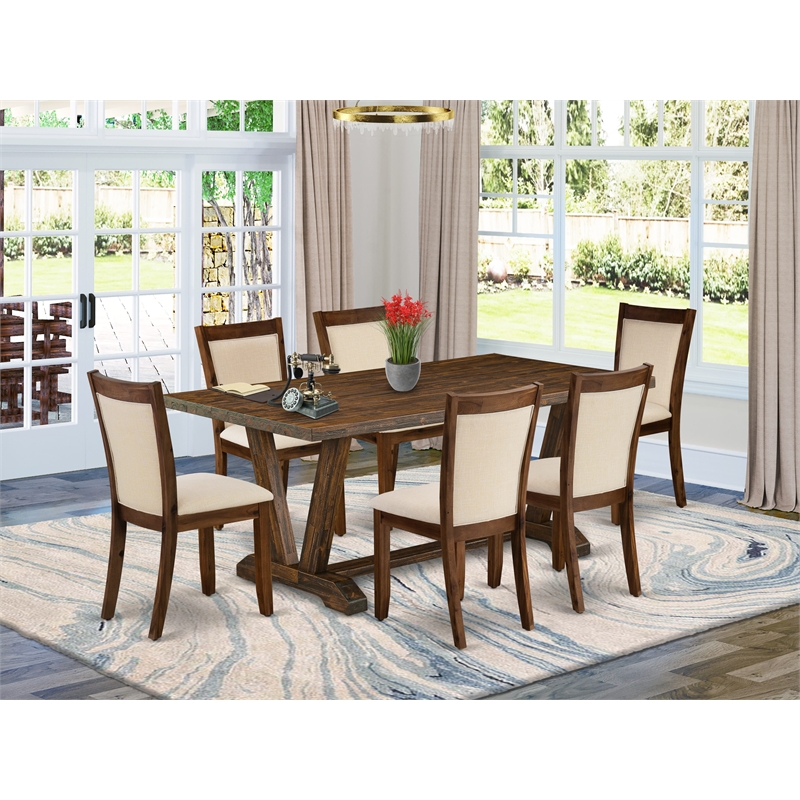 V777MZN32-7 Dining Table and 6 Light Beige Chairs - Distressed Jacobean Finish