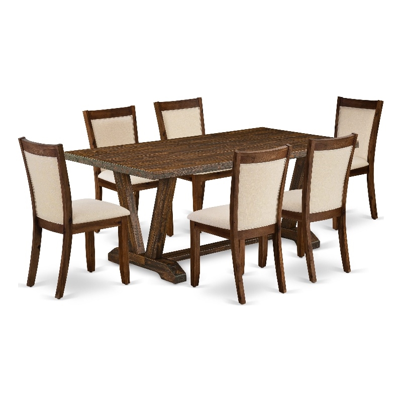 V777MZN32-7 Dining Table and 6 Light Beige Chairs - Distressed Jacobean Finish