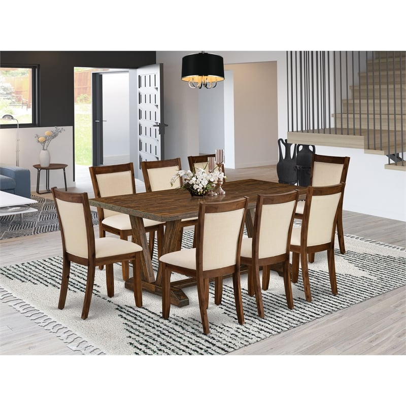 V777MZN32-9- Dinner Table and 8 Light Beige Chairs - Distressed Jacobean Finish