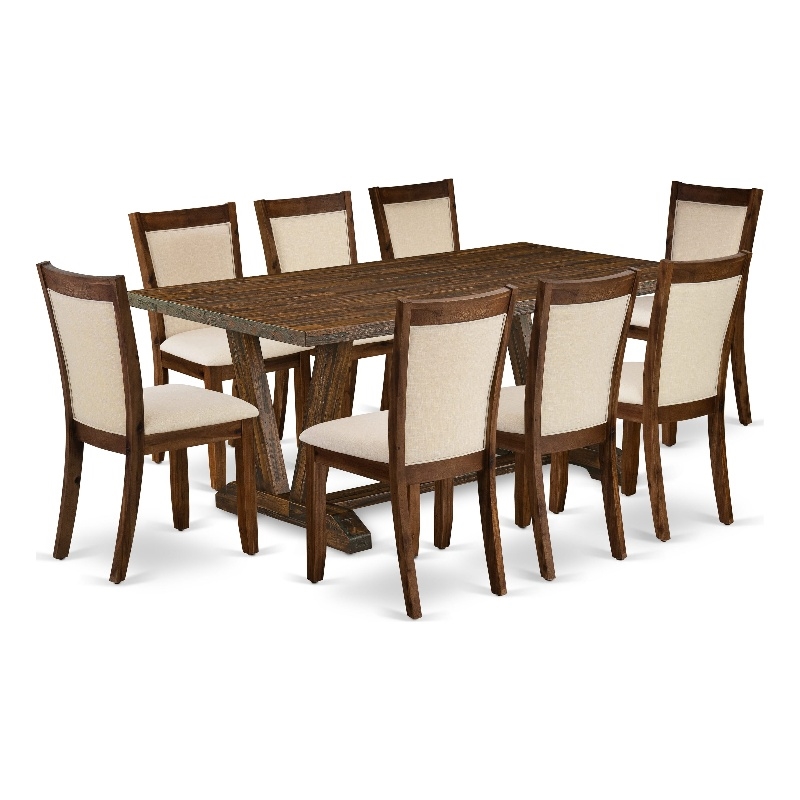 V777MZN32-9- Dinner Table and 8 Light Beige Chairs - Distressed Jacobean Finish