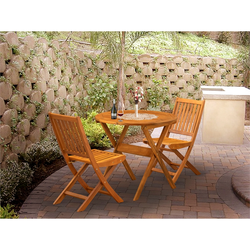 MNDK3CWNA - Wooden Table and 2 Folding Patio Chairs - Natural Oil Finish