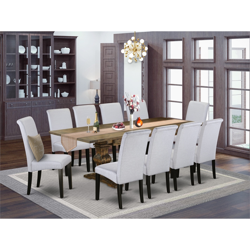 East West Furniture Dining Table and 10 Gray Chair in Distressed Jacobean