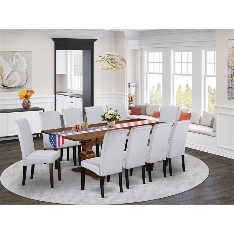 East West Furniture Dining Table and 10 Gray Chair in Antique Walnut