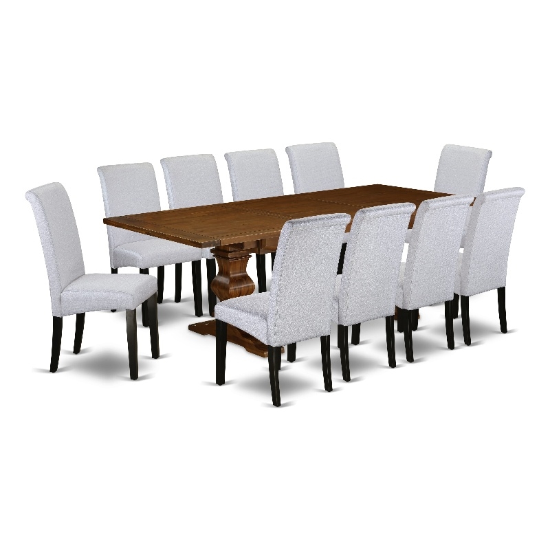 East West Furniture Dining Table and 10 Gray Chair in Antique Walnut