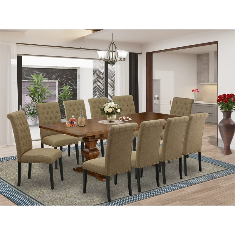 East West Furniture Wood Table and 10 Light Sable Chair in Antique Walnut