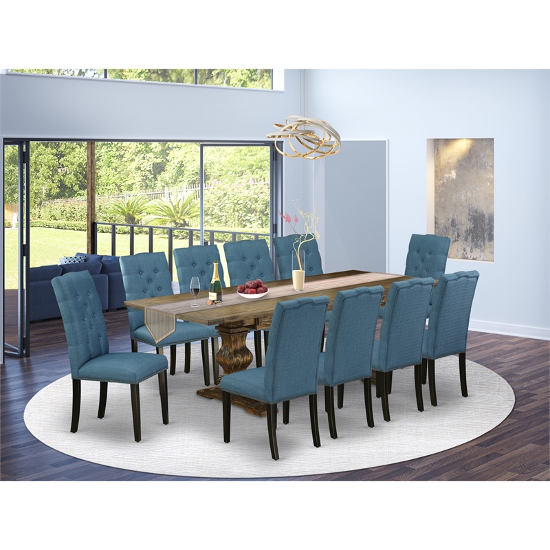 East West Furniture Table/10 Mineral Blue Chair in Distressed Jacobean Base