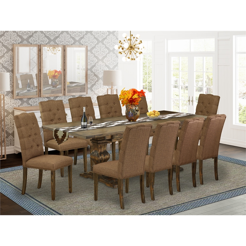 East West Furniture Wood Table and 10 Brown Chair in Distressed Jacobean