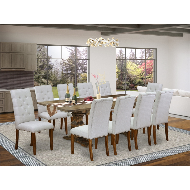 East West Furniture Dining Table and 10 Gray Chair in Distressed Jacobean