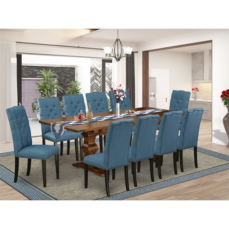 East West Furniture Dinner Table and 10 Blue Dining Chair in Antique Walnut