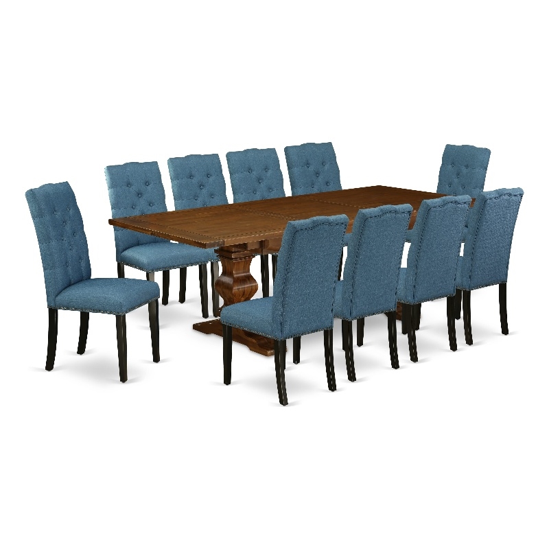 East West Furniture Dinner Table and 10 Blue Dining Chair in Antique Walnut
