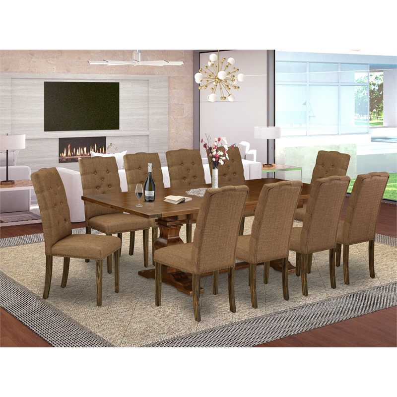 East West Furniture Dining Table and 10 Brown Dining Chair in Antique Walnut