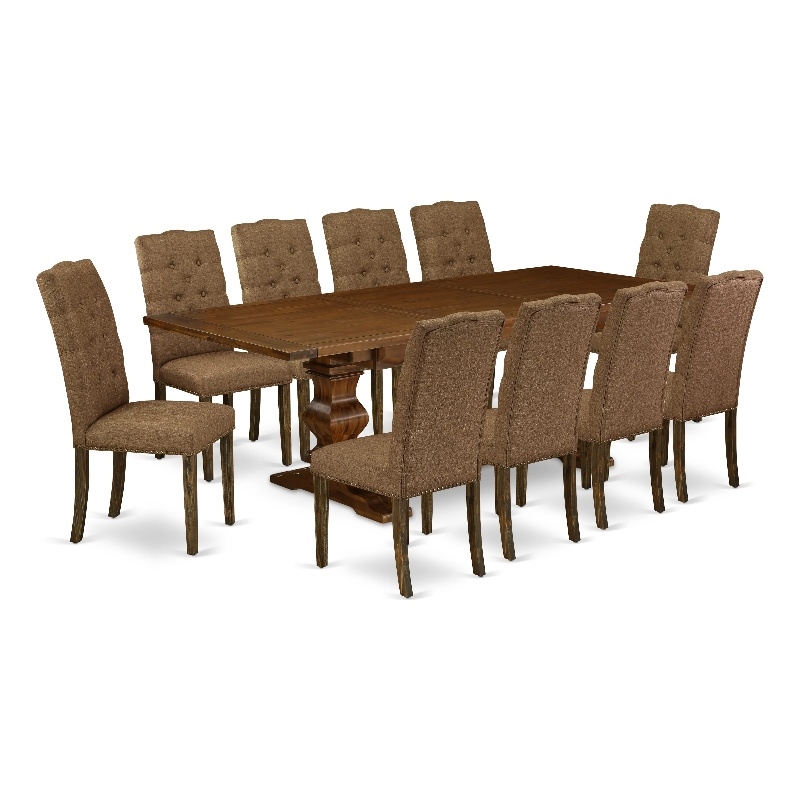 East West Furniture Dining Table and 10 Brown Dining Chair in Antique Walnut