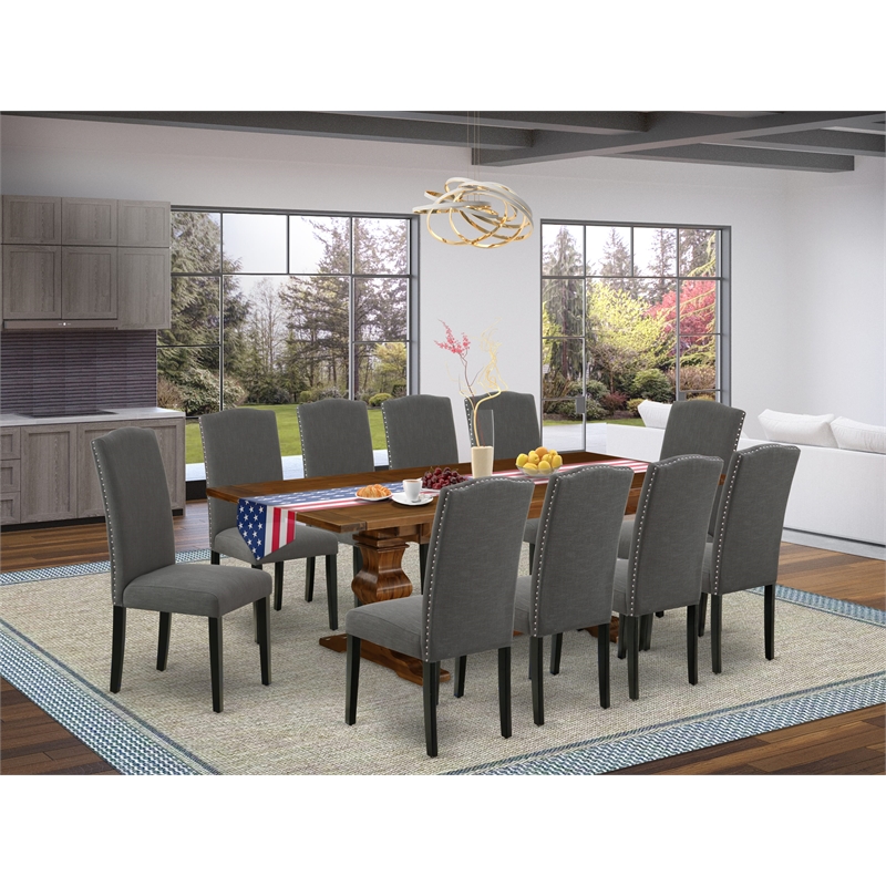 East West Furniture Wood Table and 10 Dark Gotham Gray Chair in Antique Walnut