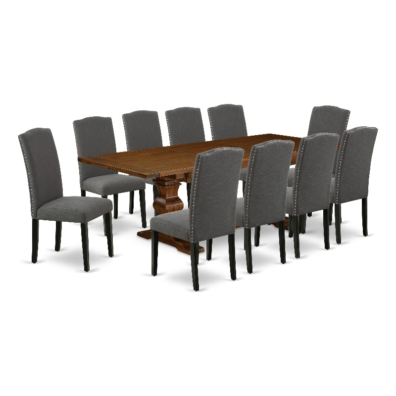 East West Furniture Wood Table and 10 Dark Gotham Gray Chair in Antique Walnut