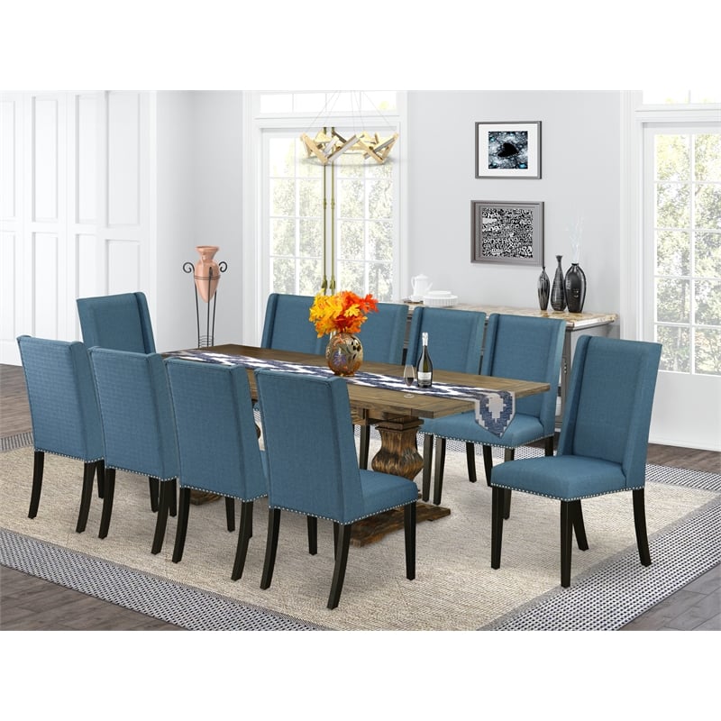 East West Furniture Wood Table and 10 Mineral Blue Chair in Distressed Jacobean
