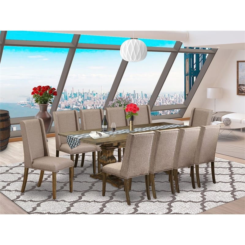 East West Furniture 11-Piece Dining Set in Distressed Jacobean/Dark Khaki