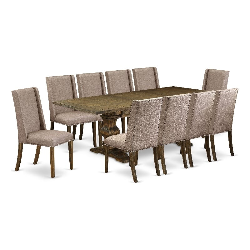 East West Furniture 11-Piece Dining Set in Distressed Jacobean/Dark Khaki