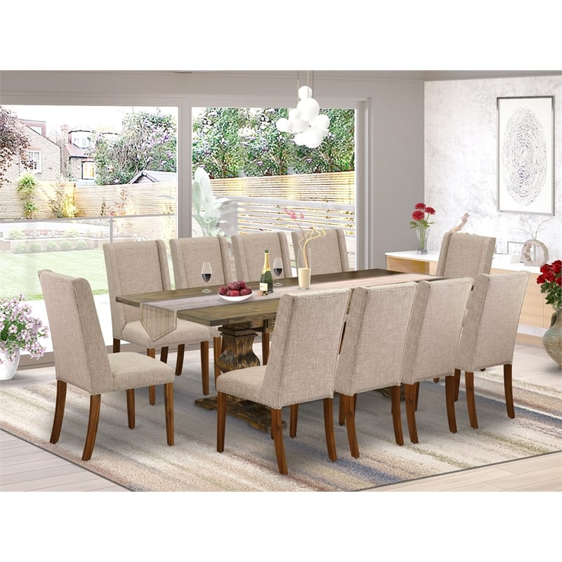 East West Furniture 11-Piece Dining Set in Distressed Jacobean/Light Tan