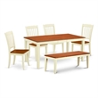 East West Furniture Wood Table and 4 Wood Chair/1 Bench in Buttermilk and Cherry